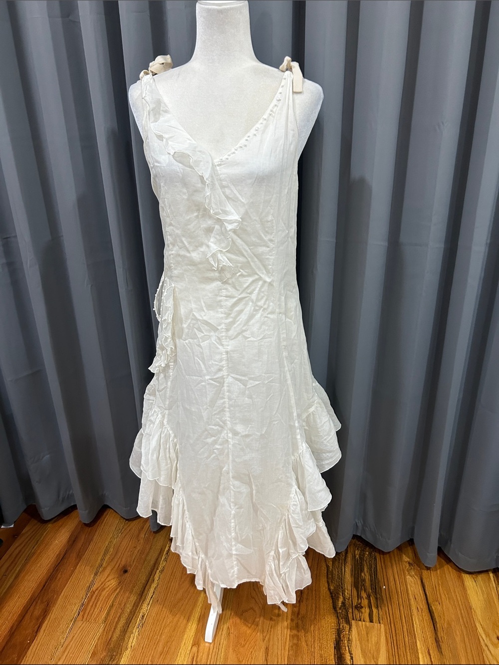Animale White Ruffled Tie-Shoulder Maxi Dress